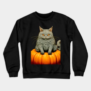 Japanese Cat on a Halloween Pumpkin During the Halloween Season on a dark (knocked out) background Crewneck Sweatshirt